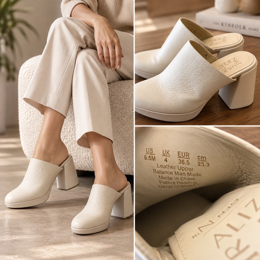 Naturalizer GenN-Connect Ivory Leather Platform Block Heel Mules 6.5M